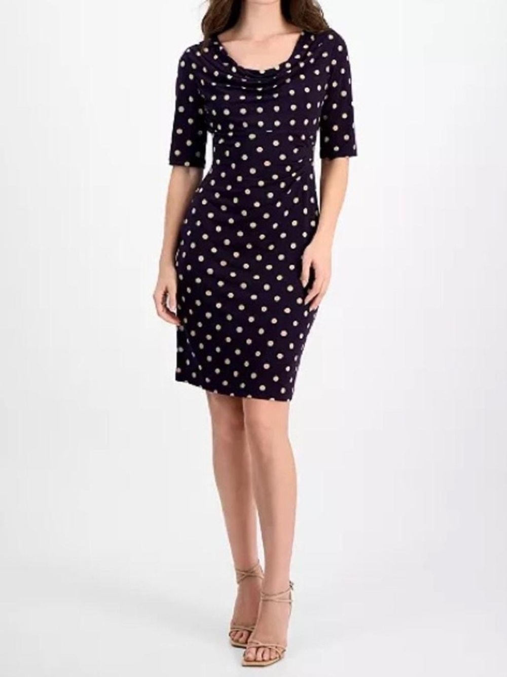Connected Apparel Navy Polka Dot Cowl Neck Midi Dress
